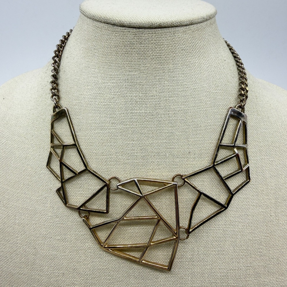 Gold & Silver Tone Geometric Openwork Bib Necklace Modern Statement Jewelry Gift